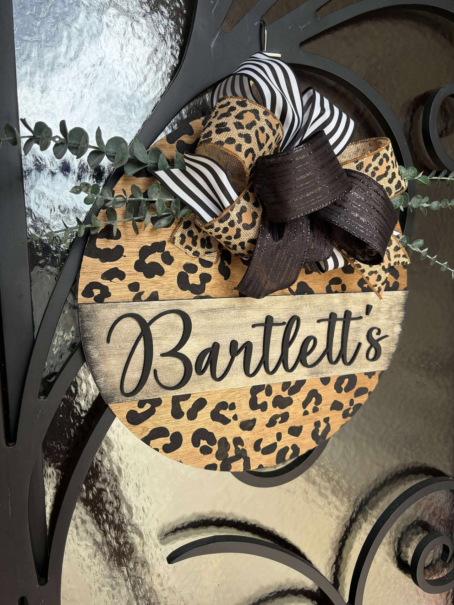 Black Leopard Last Name Door Hanger with Bow