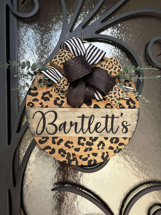 Black Leopard Last Name Door Hanger with Bow