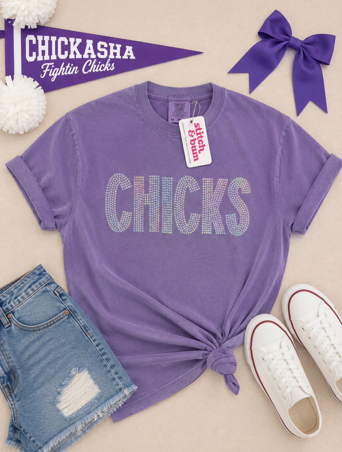 Chickasha Chicks Iridescent Sequin Spirit Wear Shirt | Comfort Colors Grape Tee | School Game Day Shirt