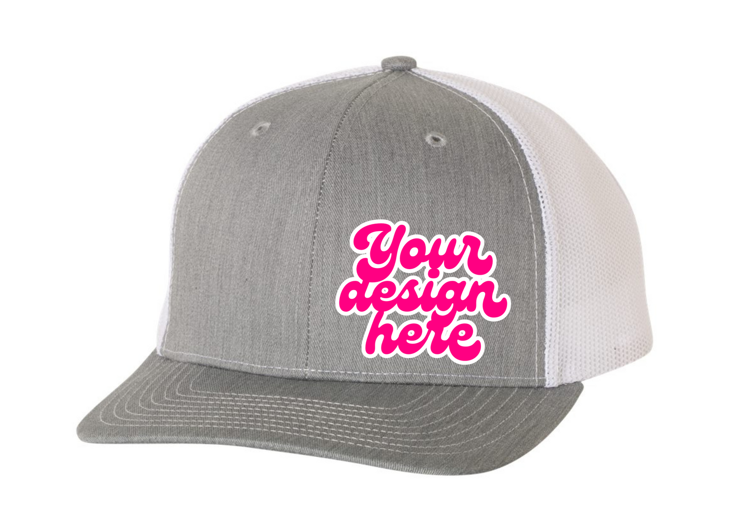 Gray and white cap with pink text 'Your design here' on a white background